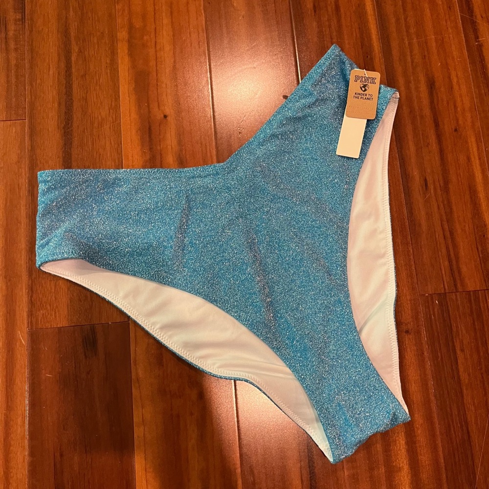 VS Pink Bikini Bottom Blue Metallic Shimmer V-Waist Hi Cut Swim New Size Medium